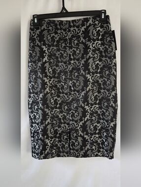Black and Silver Lace-Overlay Pencil Skirt